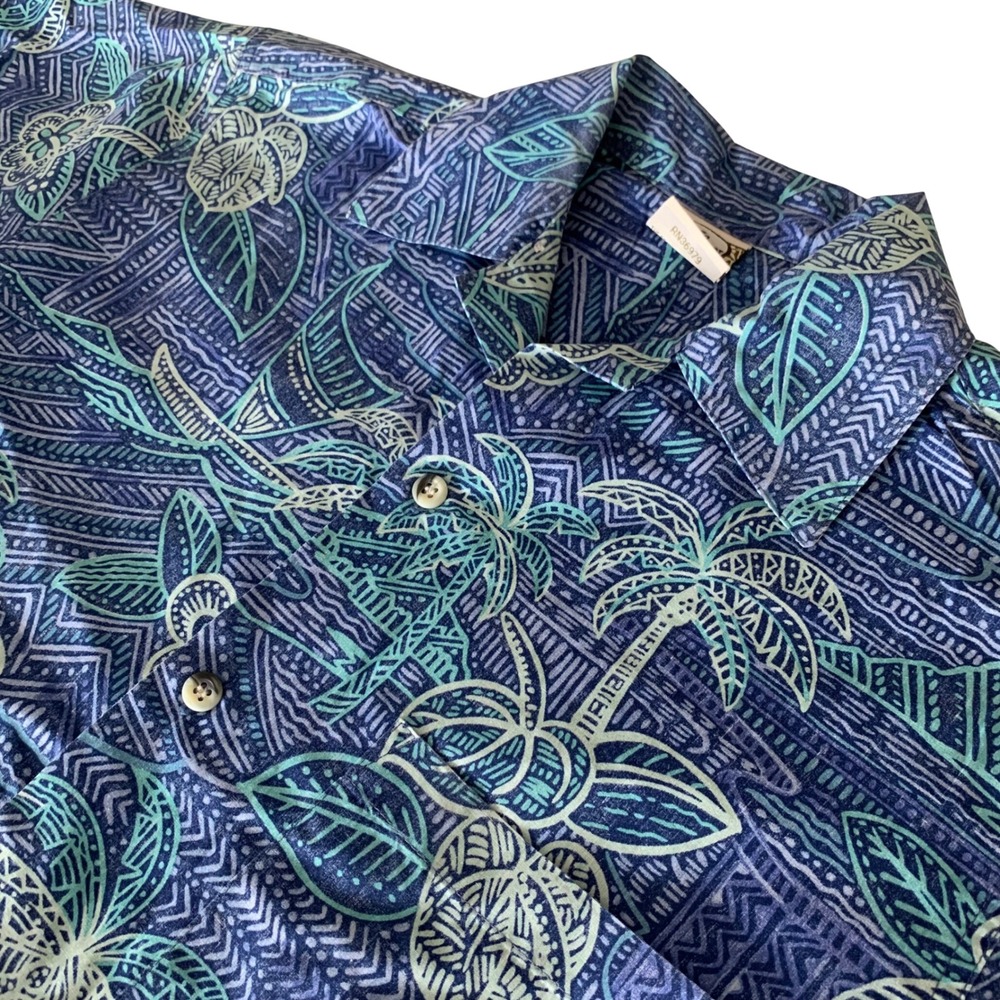 Go Barefoot Mens‎ Hawaiian Shirt Blue Teal Palm Tree Tropical Cotton Blend M USA